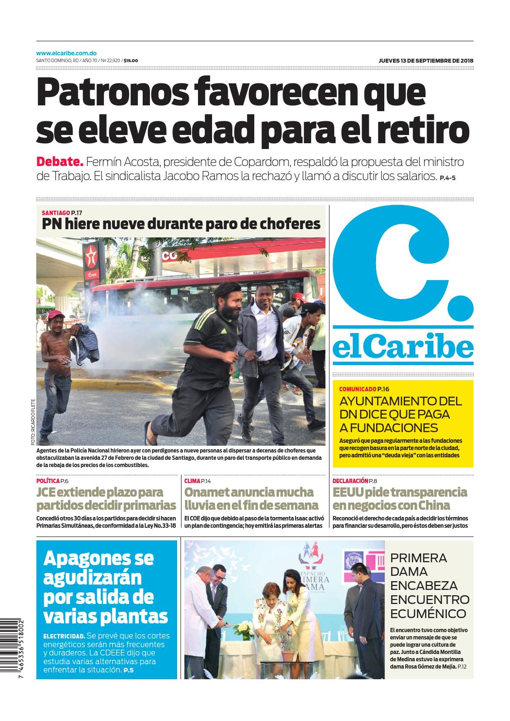 Portada Periódico El Caribe, Jueves 13 de Septiembre 2018