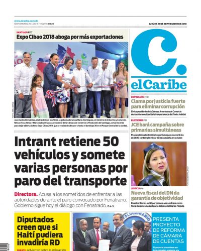 Portada Periódico El Caribe, Jueves 27 de Septiembre 2018