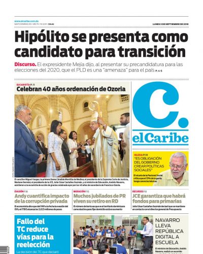 Portada Periódico El Caribe, Lunes 03 de Septiembre 2018