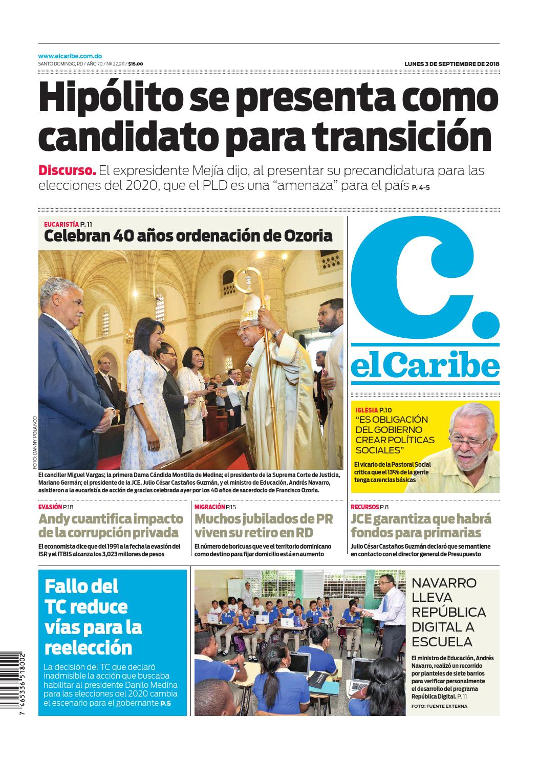 Portada Periódico El Caribe, Lunes 03 de Septiembre 2018