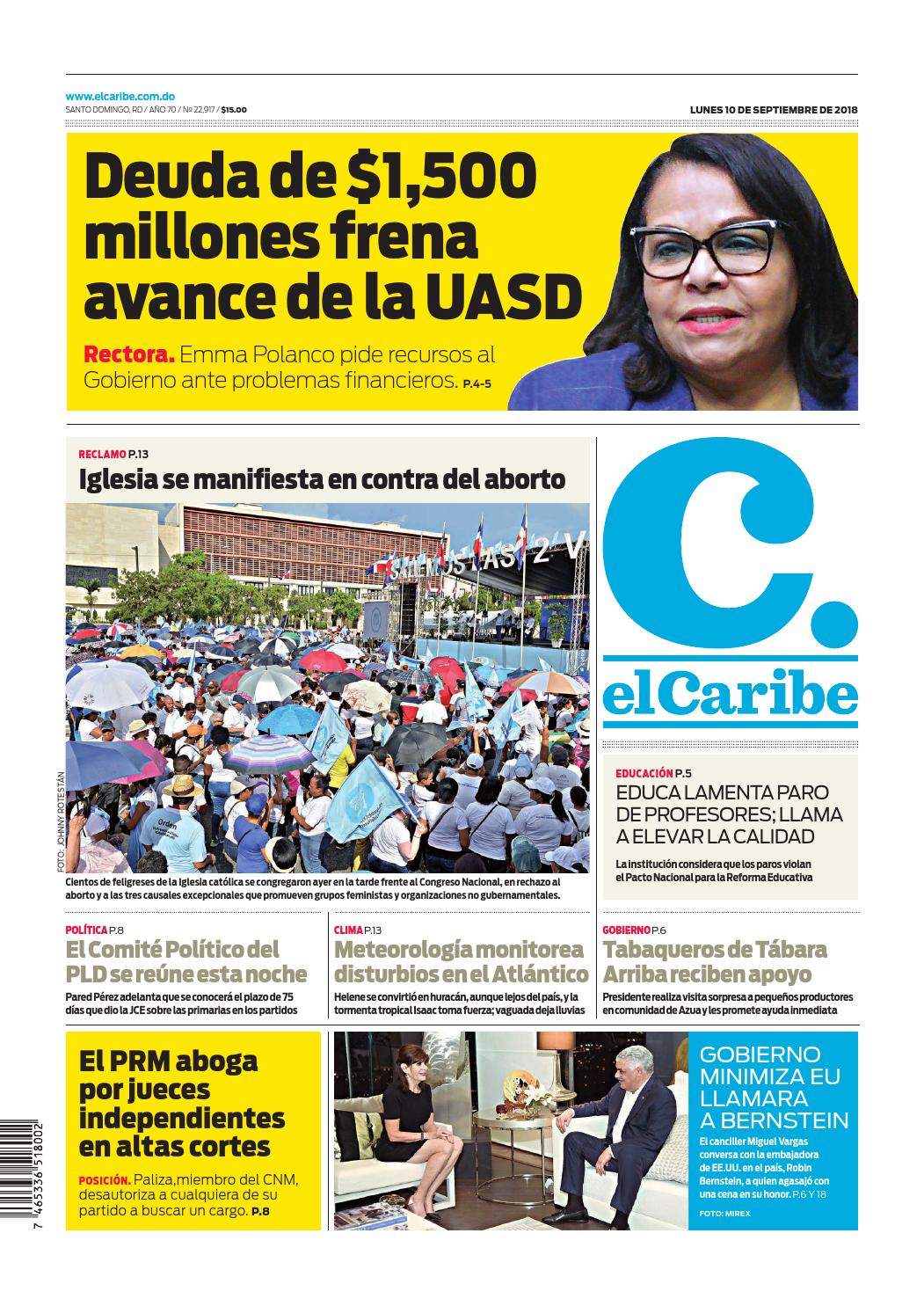 Portada Periódico El Caribe, Lunes 10 de Septiembre 2018