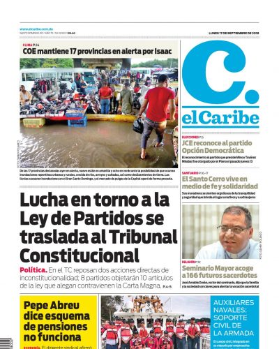 Portada Periódico El Caribe, Lunes 17 de Septiembre 2018