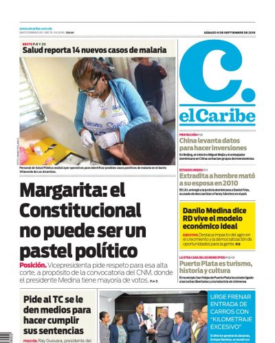 Portada Periódico El Caribe, Sábado 08 de Septiembre 2018