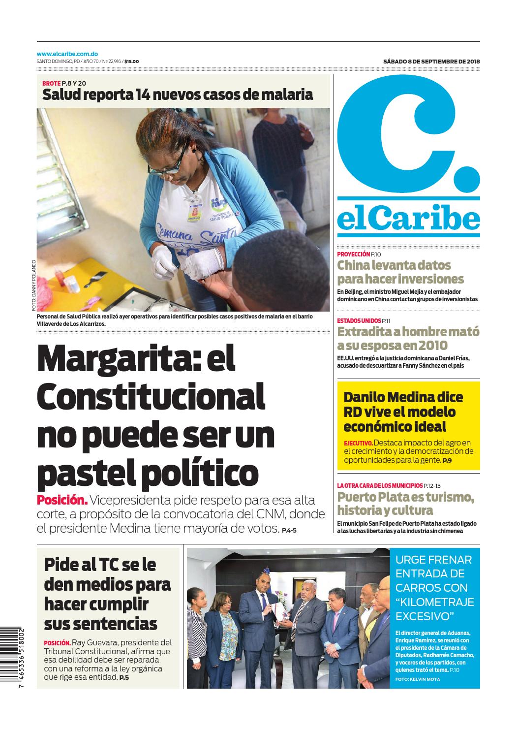 Portada Periódico El Caribe, Sábado 08 de Septiembre 2018