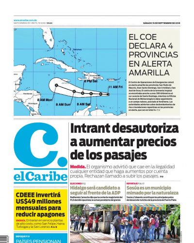 Portada Periódico El Caribe, Sábado 15 de Septiembre 2018