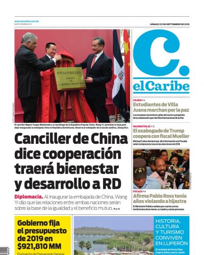 Portada Periódico El Caribe, Sábado 22 de Septiembre 2018