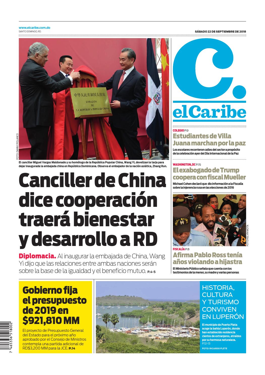 Portada Periódico El Caribe, Sábado 22 de Septiembre 2018