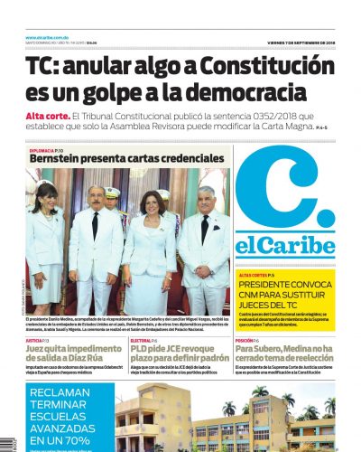 Portada Periódico El Caribe, Viernes 07 de Septiembre 2018