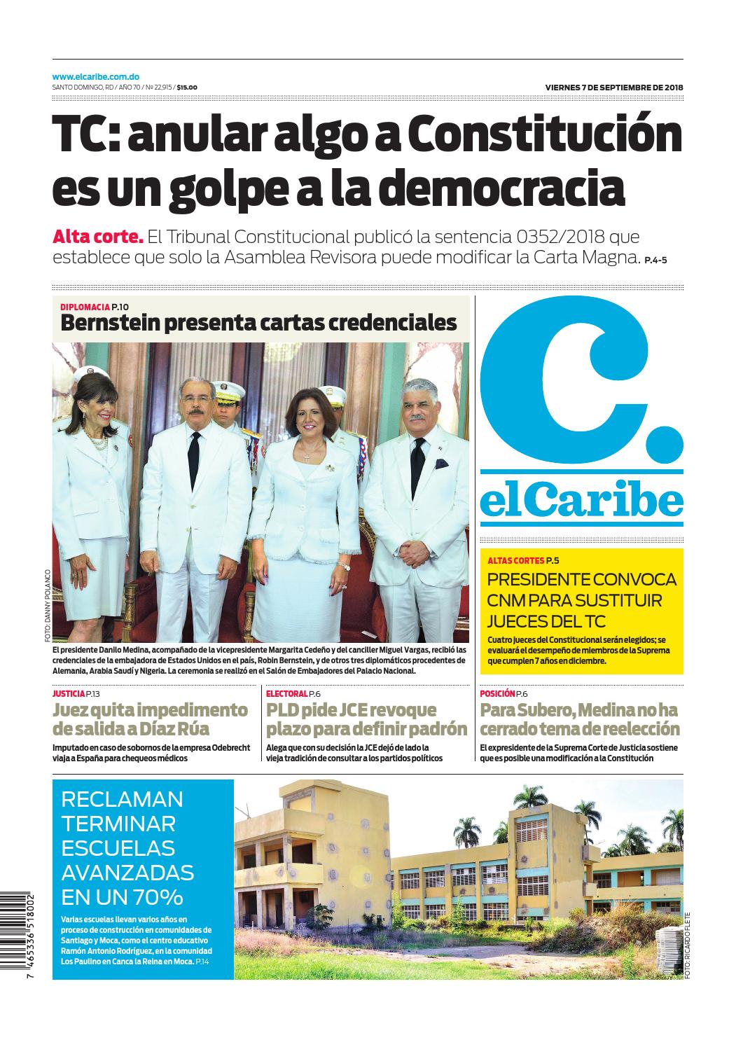 Portada Periódico El Caribe, Viernes 07 de Septiembre 2018