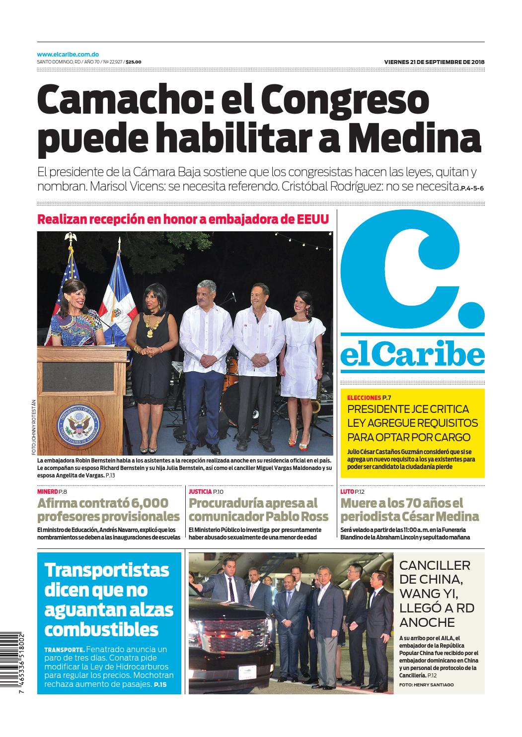 Portada Periódico El Caribe, Viernes 21 de Septiembre 2018
