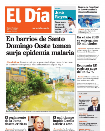 Portada Periódico El Día, Jueves 07 de Septiembre 2018