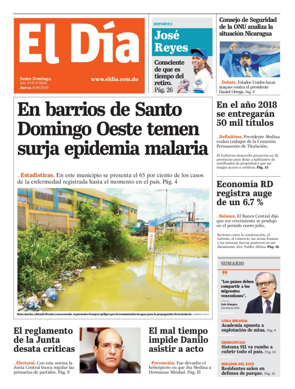 Portada Periódico El Día, Jueves 07 de Septiembre 2018