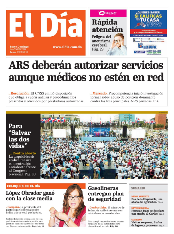 Portada Periódico El Día, Lunes 10 de Septiembre 2018