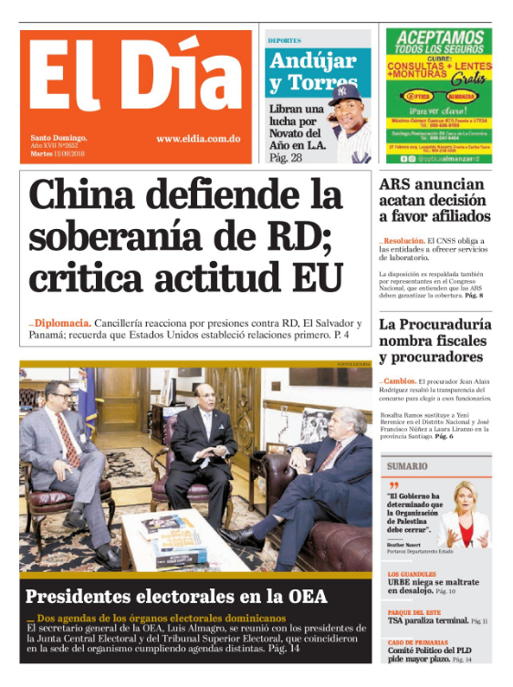 Portada Periódico El Día, Martes 11 de Septiembre 2018