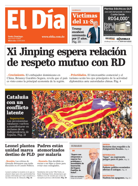 Portada Periódico El Día, Miércoles 12 de Septiembre 2018