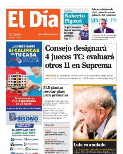 Portada Periódico El Día, Viernes 07 de Septiembre 2018