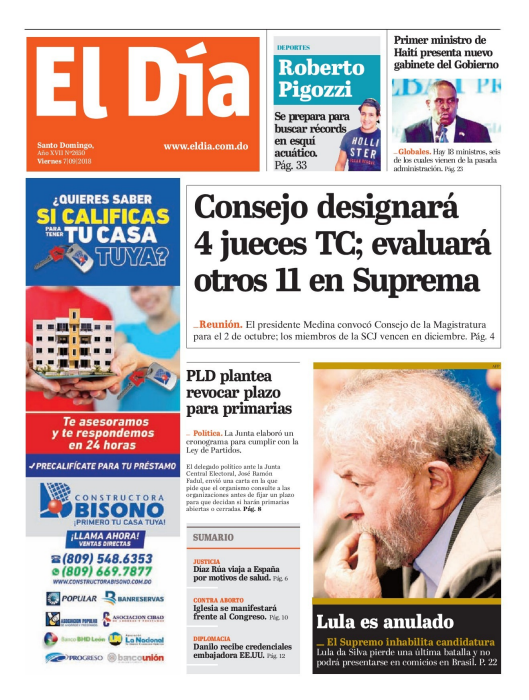 Portada Periódico El Día, Viernes 07 de Septiembre 2018