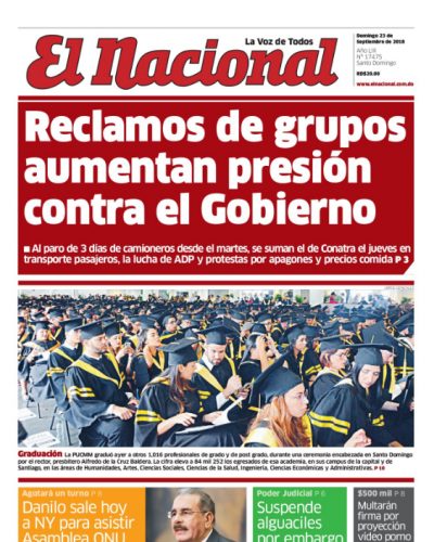 Portada Periódico El Nacional, Domingo 23 de Septiembre 2018