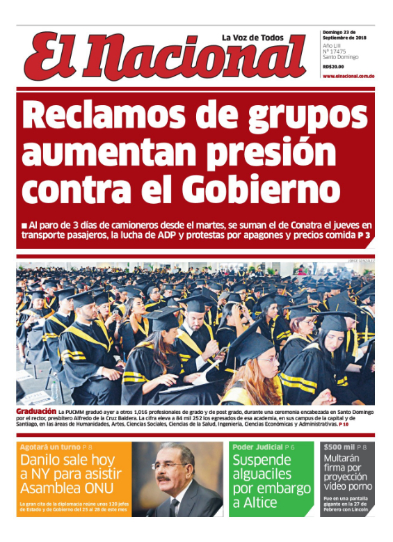 Portada Periódico El Nacional, Domingo 23 de Septiembre 2018