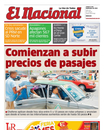 Portada Periódico El Nacional, Jueves 13 de Septiembre 2018