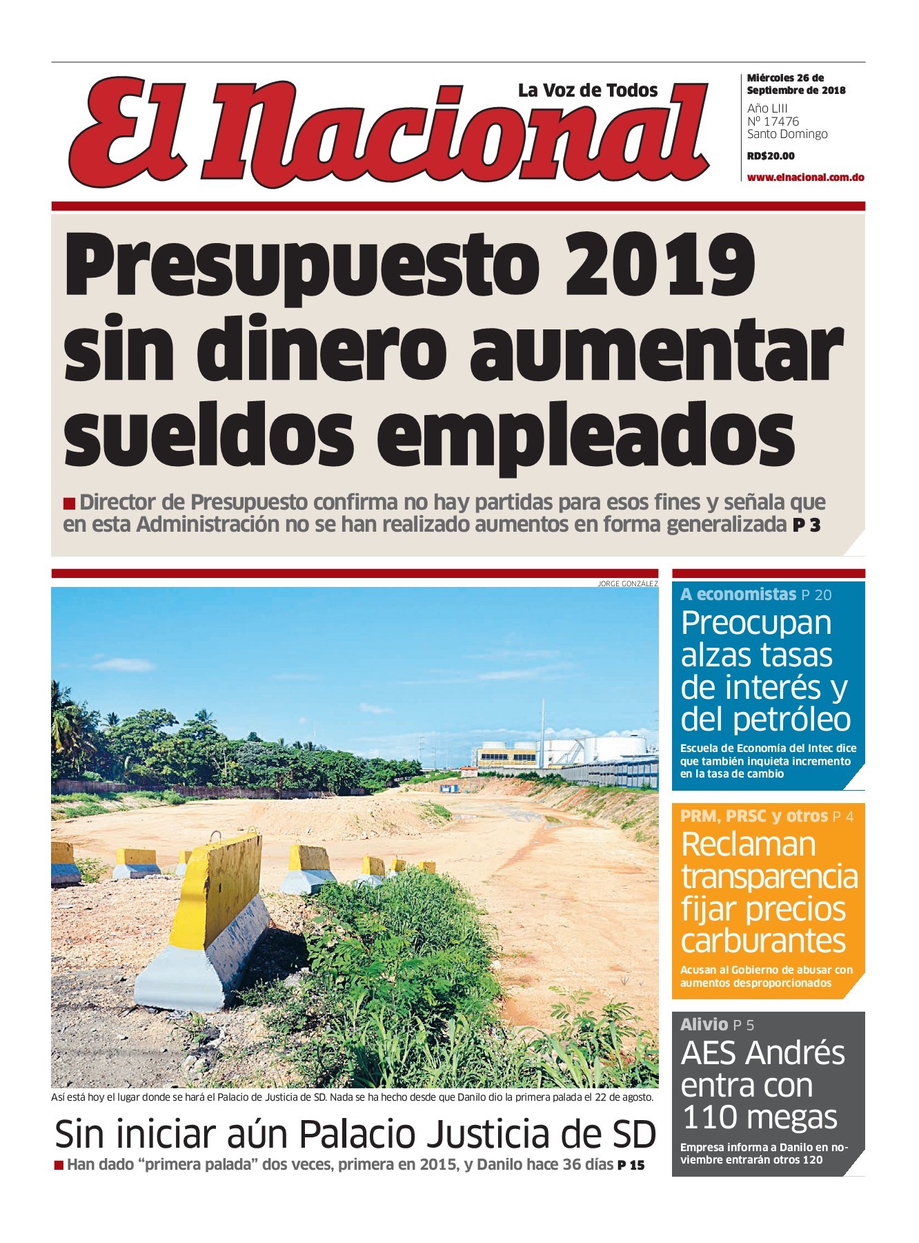 Portada Periódico El Nacional, Jueves 27 de Septiembre 2018