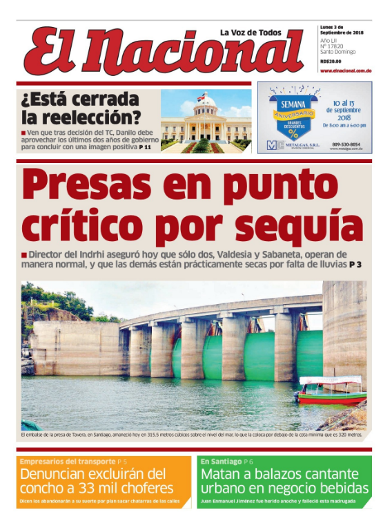 Portada Periódico El Nacional, Lunes 03 de Septiembre 2018