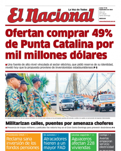 Portada Periódico El Nacional, Lunes 17 de Septiembre 2018