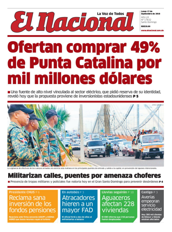 Portada Periódico El Nacional, Lunes 17 de Septiembre 2018