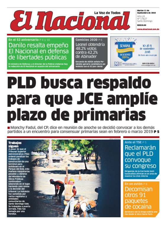 Portada Periódico El Nacional, Martes 11 de Septiembre 2018