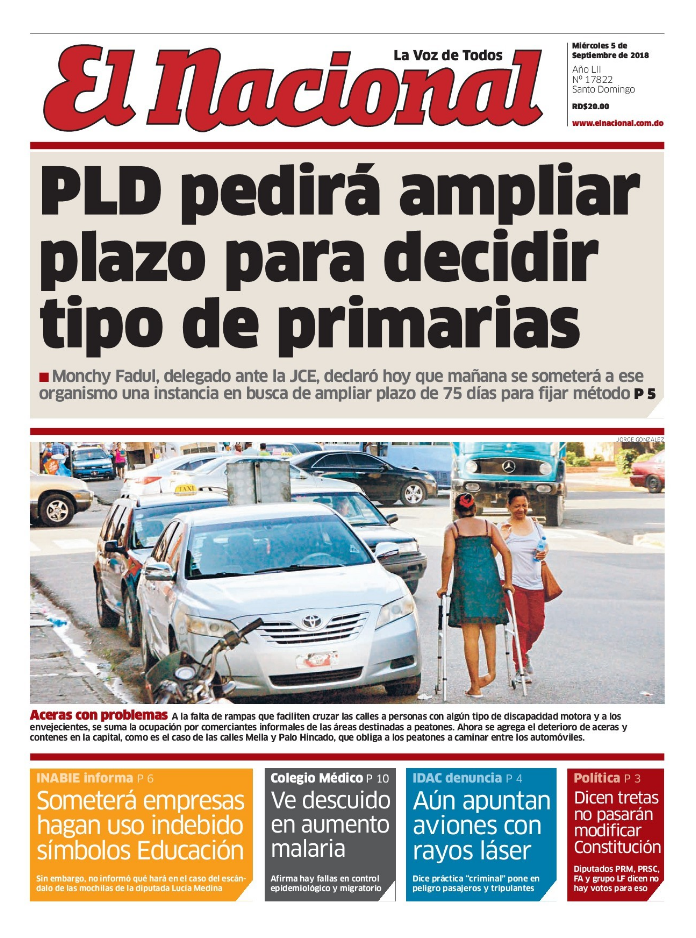 Portada Periódico El Caribe, Miércoles 05 de Septiembre 2018