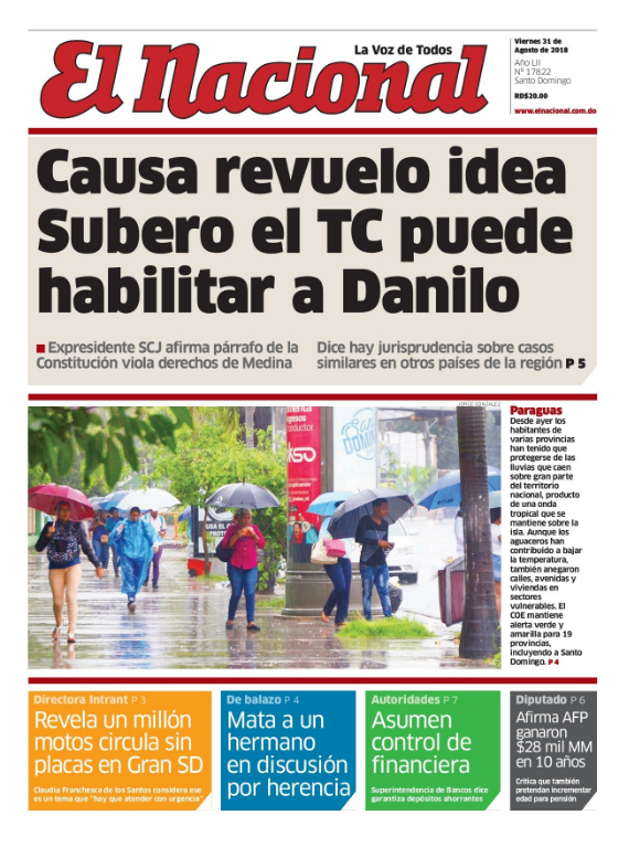 Portada Periódico El Nacional, Viernes 31 de Agosto 2018