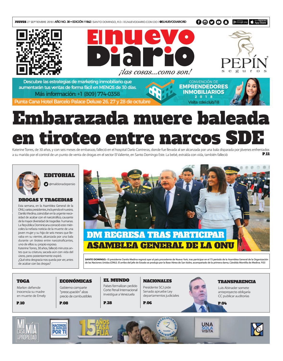 Portada Periódico El Nuevo Diario, Jueves 27 de Septiembre 2018