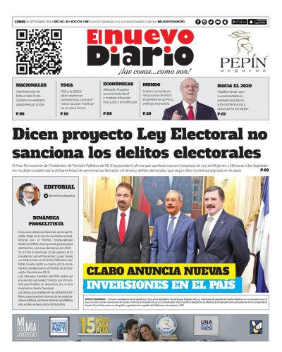 Portada Periódico El Nuevo Diario, Lunes 03 de Septiembre 2018