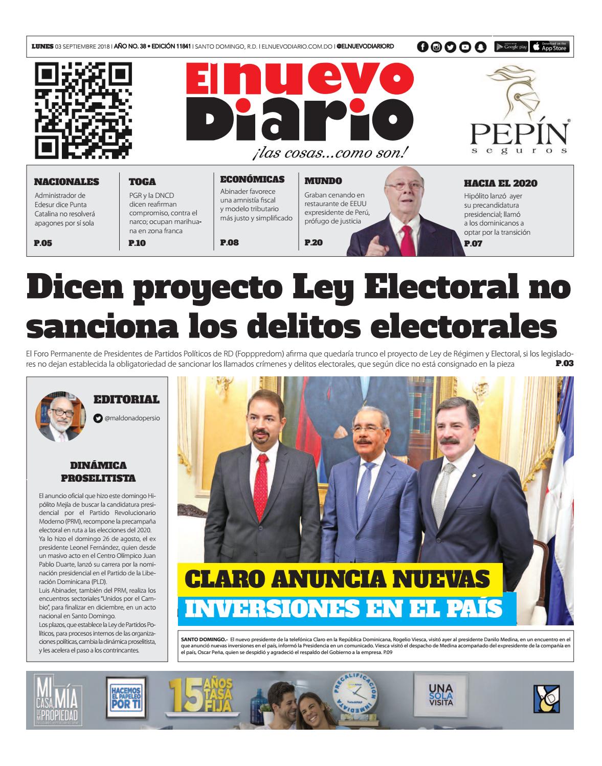 Portada Periódico El Nuevo Diario, Lunes 03 de Septiembre 2018