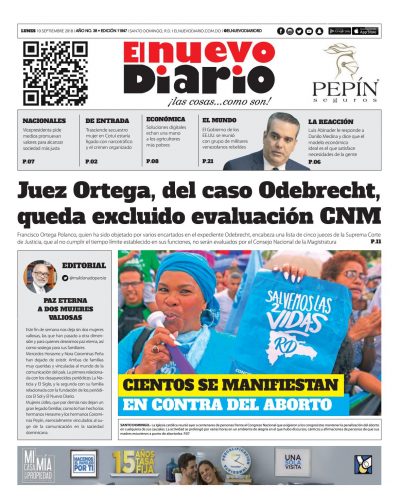 Portada Periódico El Nuevo Diario, Lunes 10 de Septiembre 2018