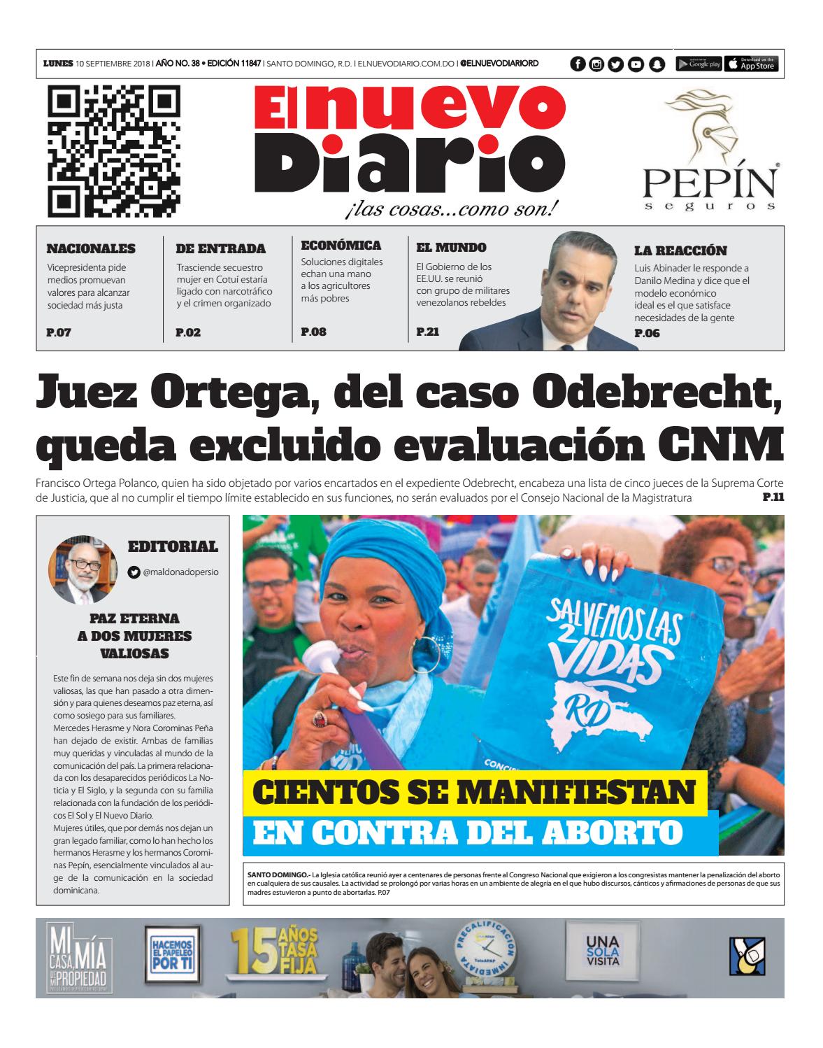Portada Periódico El Nuevo Diario, Lunes 10 de Septiembre 2018