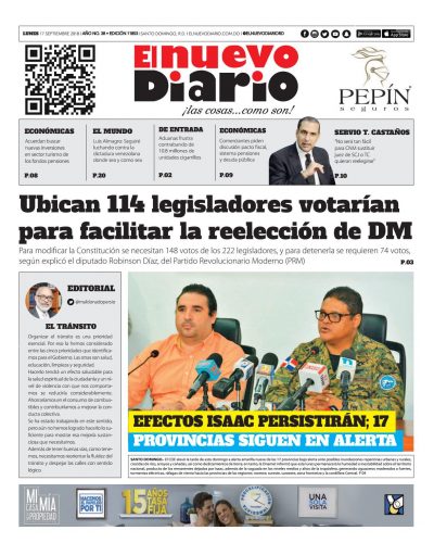 Portada Periódico El Nuevo Diario, Lunes 17 de Septiembre 2018
