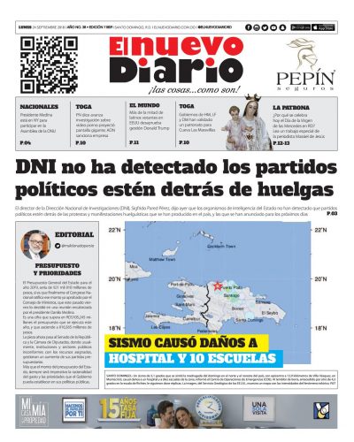 Portada Periódico El Nuevo Diario, Lunes 24 de Septiembre 2018