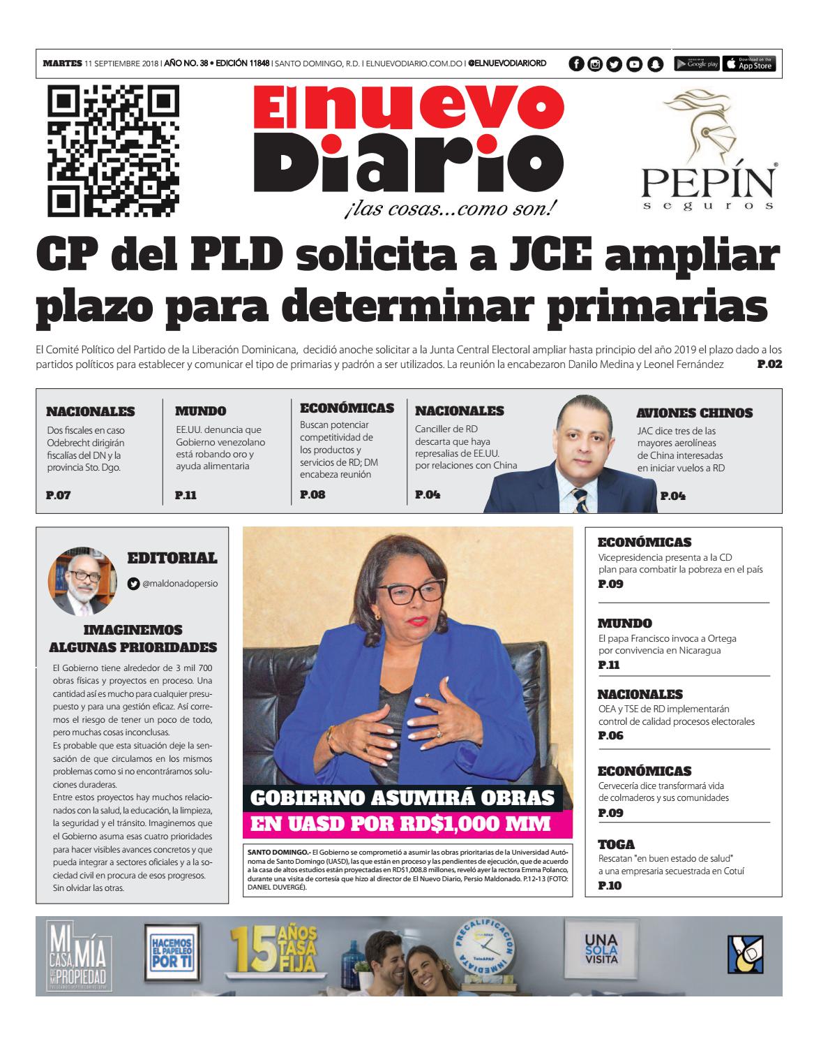 Portada Periódico El Nuevo Diario, Martes 11 de Septiembre 2018