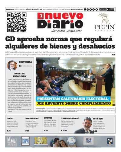 Portada Periódico El Nuevo Diario, Miércoles 19 de Septiembre 2018
