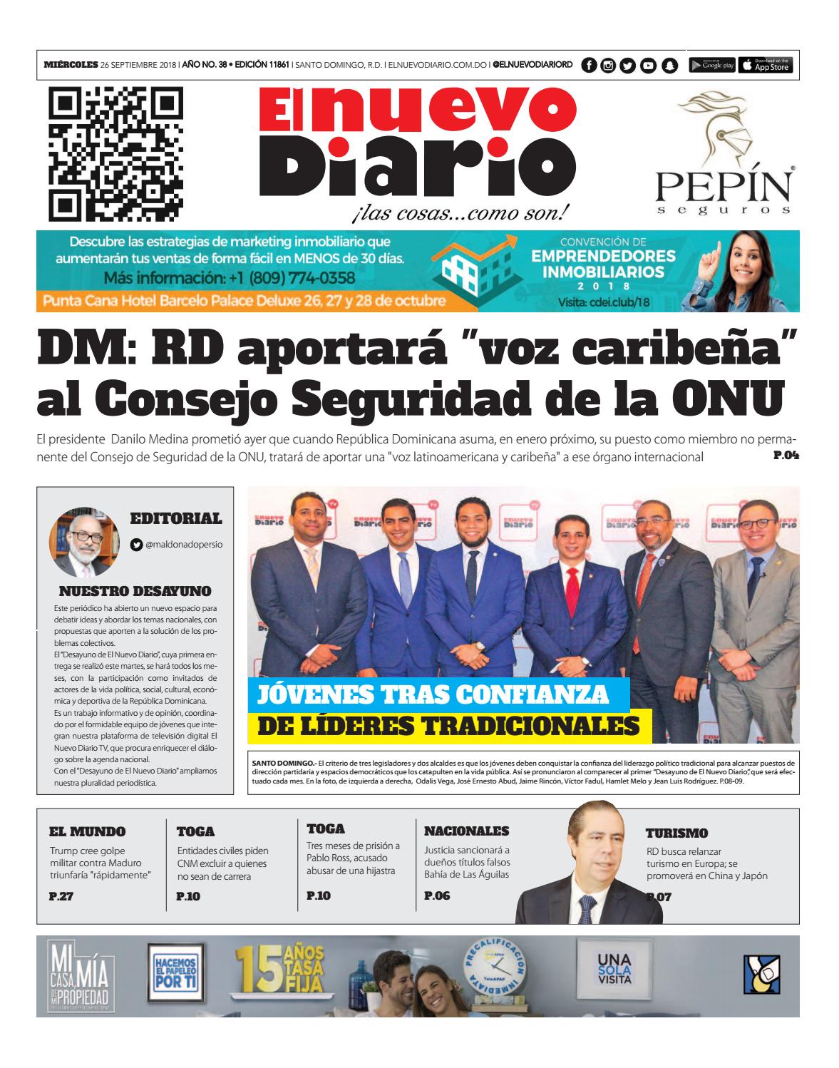Portada Periódico El Nuevo Diario, Miércoles 26 de Septiembre 2018