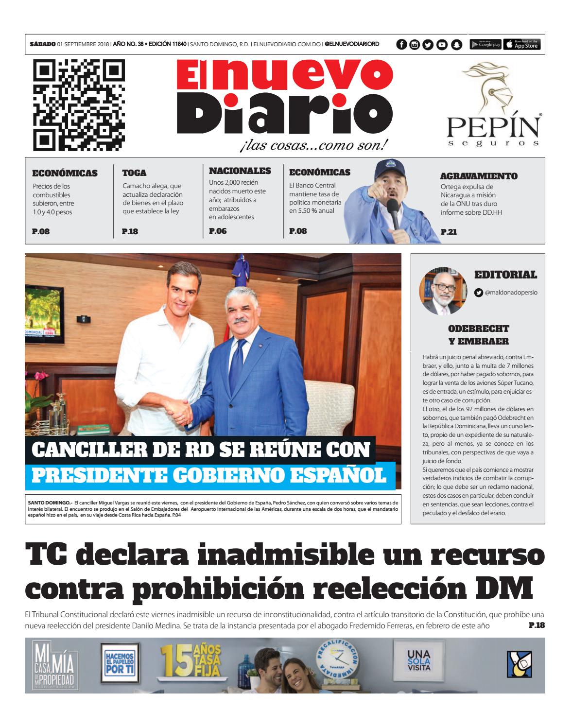 Portada Periódico El Nuevo Diario, Sábado 01 de Septiembre 2018