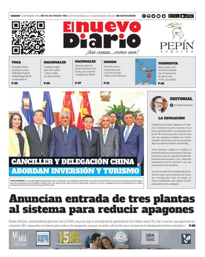 Portada Periódico El Nuevo Diario, Sábado 15 de Septiembre 2018