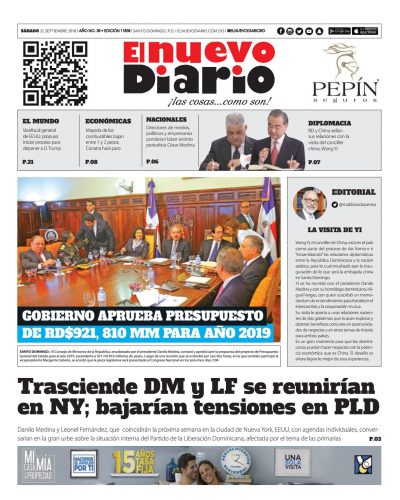 Portada Periódico El Nuevo Diario, Sábado 22 de Septiembre 2018