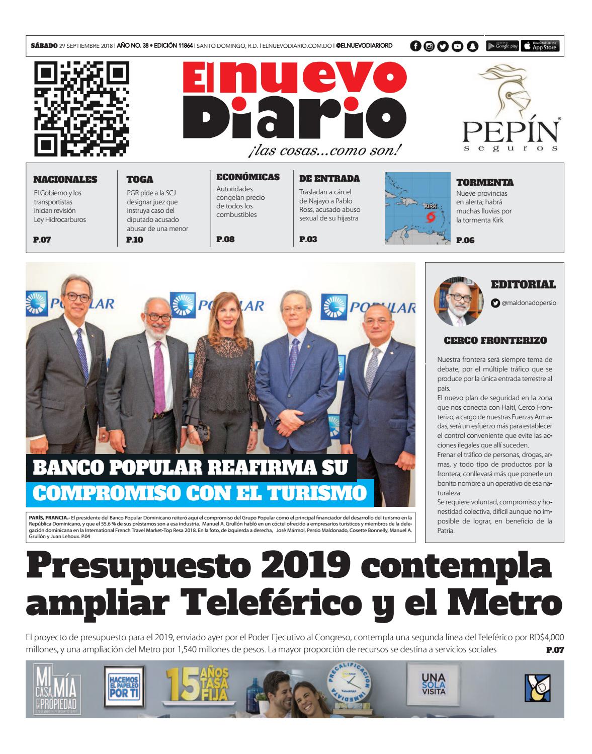 Portada Periódico El Nuevo Diario, Sábado 29 de Septiembre 2018