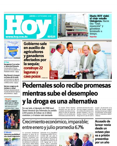 Portada Periódico Hoy, Jueves 07 de Septiembre 2018