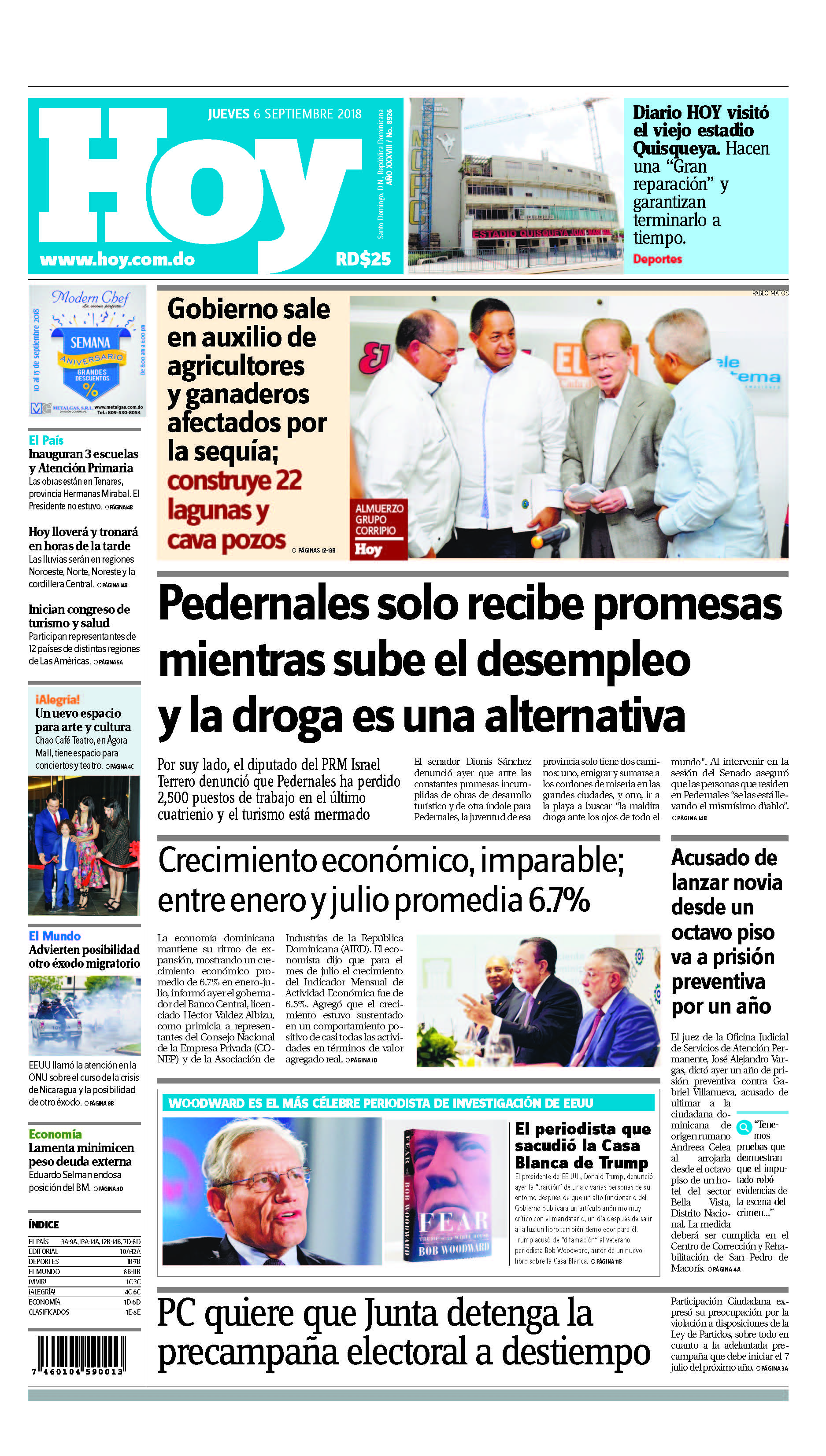 Portada Periódico Hoy, Jueves 07 de Septiembre 2018