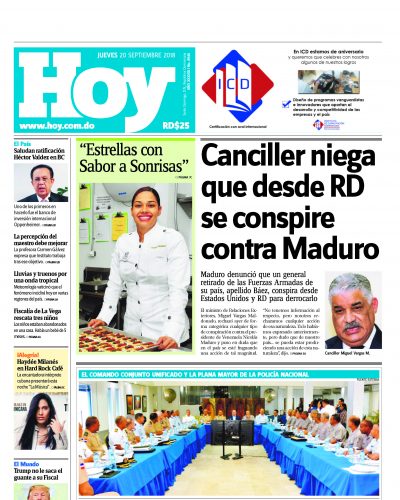 Portada Periódico Hoy, Jueves 20 de Septiembre 2018
