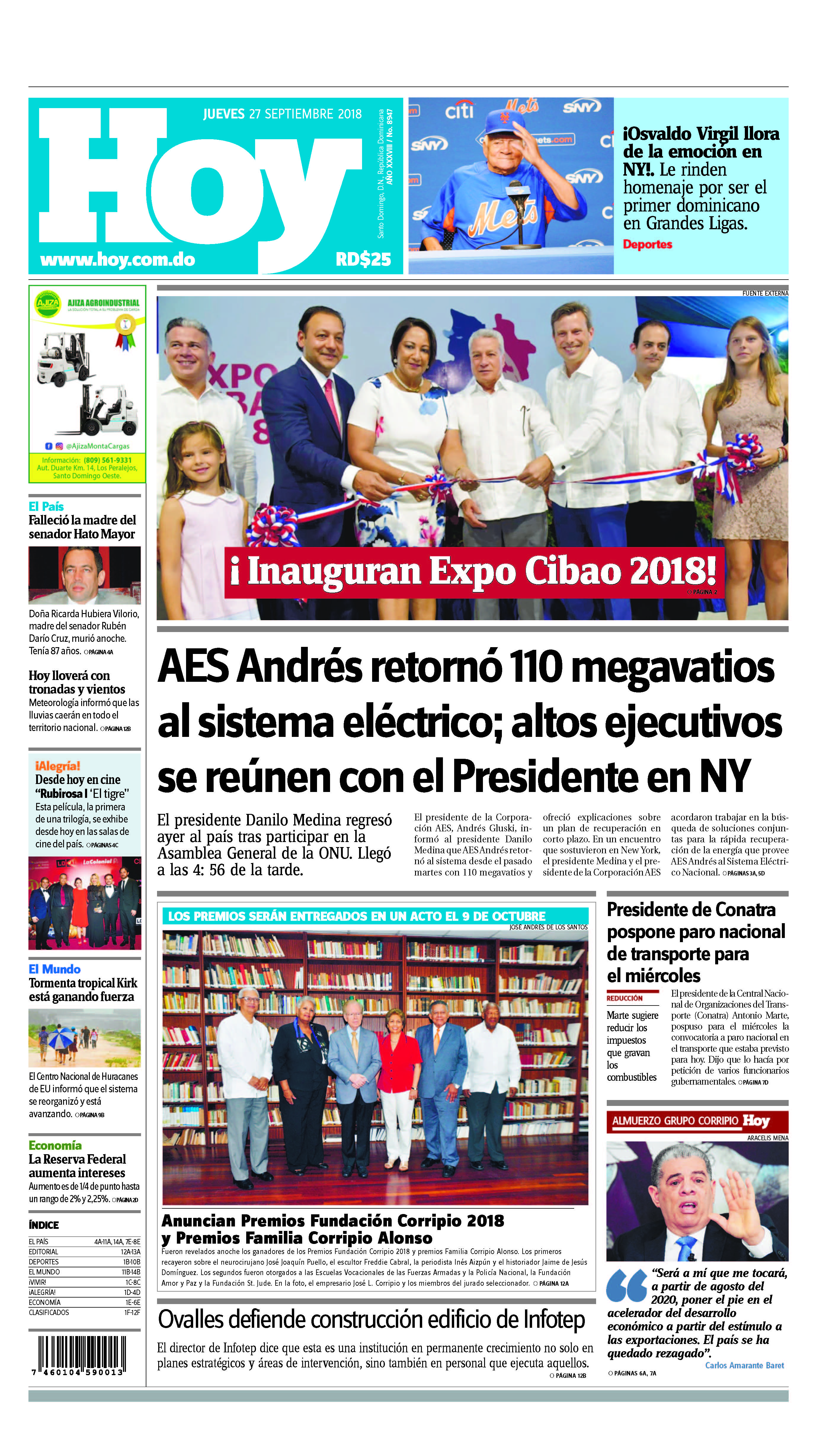 Portada Periódico Hoy, Jueves 27 de Septiembre 2018