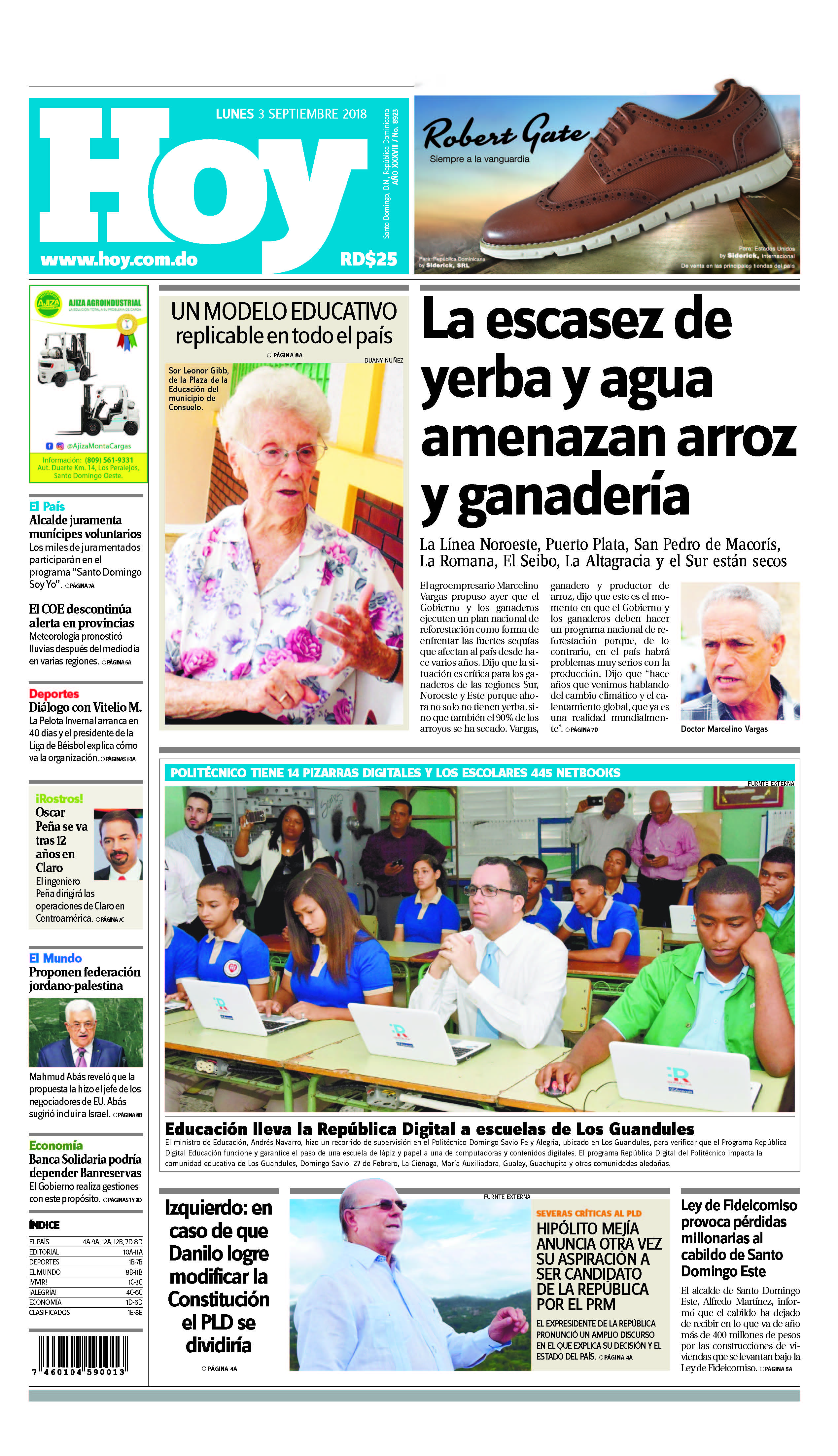 Portada Periódico Hoy, Lunes 03 de Septiembre 2018